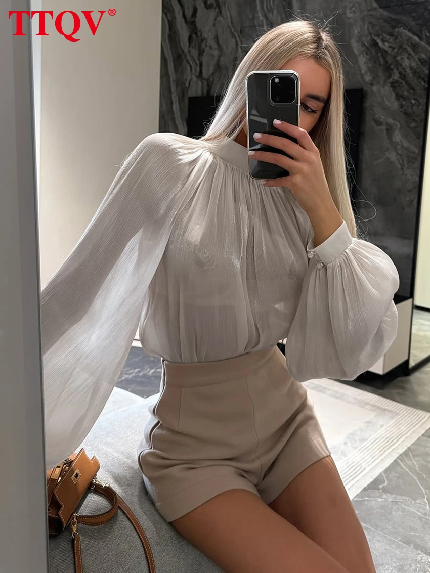

TTQV Fashion Slim White Women's Shirt 2026 Sexy V-Neck Long Sleeve Lady Shirts Elegant Classic Bandage Top Female Clothing
