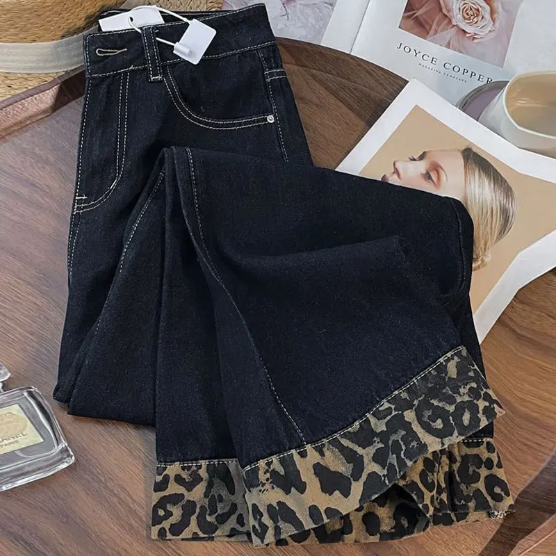 plus Size High Waist Leopard Print Straight Leg Jeans Women's Loose Fitting Concealing Floor Length Wide Leg Casual Pants