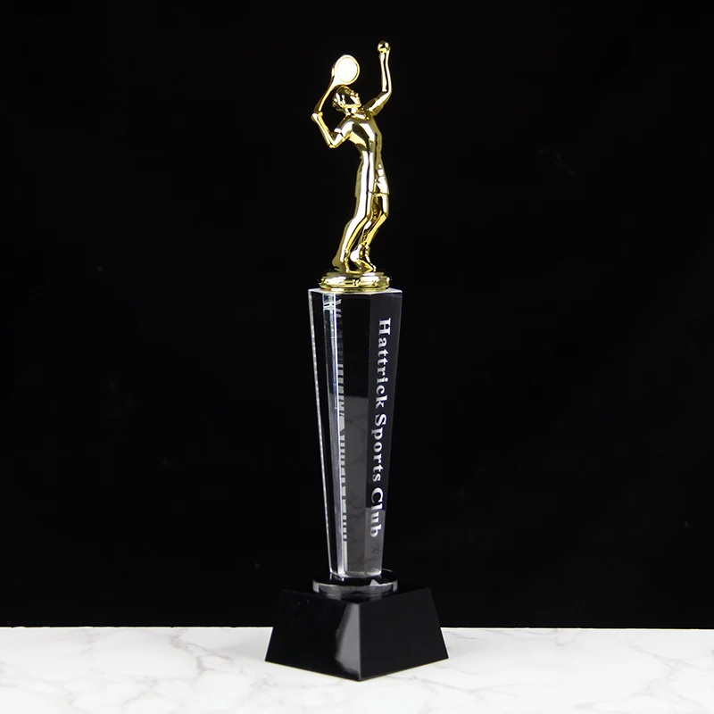 Custom Tennis Badminton Sports Crystal Trophy Gold Metal Player Figurine Award Souvenir For Sports Competition Club Prize Gift