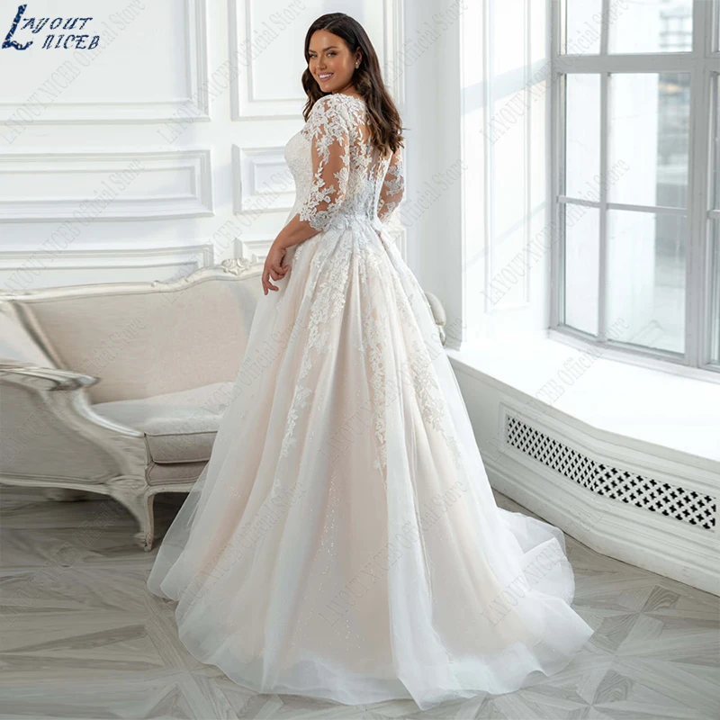 LAYOUT NICEB Eleagnt Wedding Dress Plus Size 3/4 Sleeves Glitter Tulle Lace Applique Vestido De Noiva Bride Women Modest New