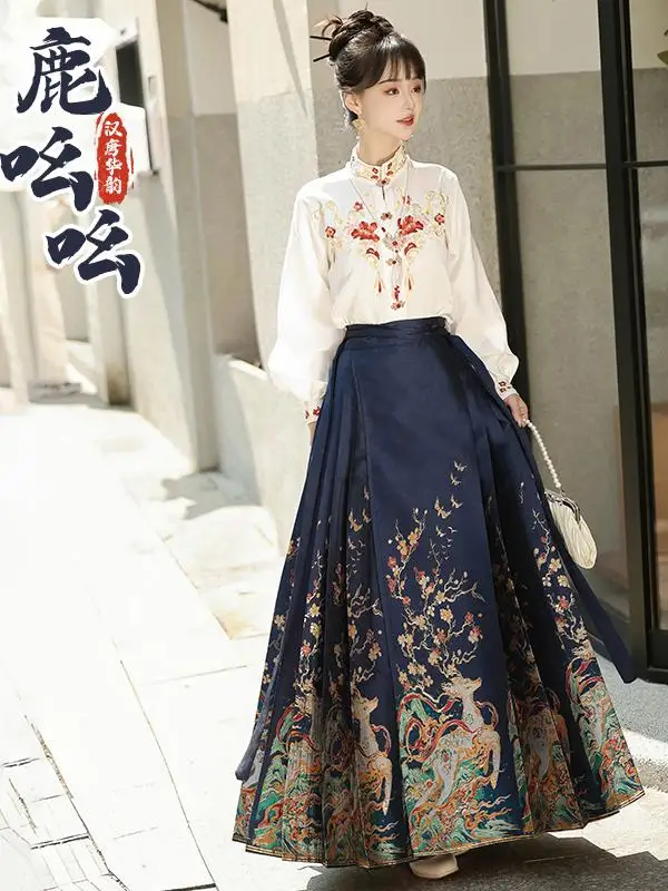 

Новый повседневный комплект: юбка А-силуэта с высокой талией в стиле династий Мин и Хань, с узором Хуаюнь, для женщин