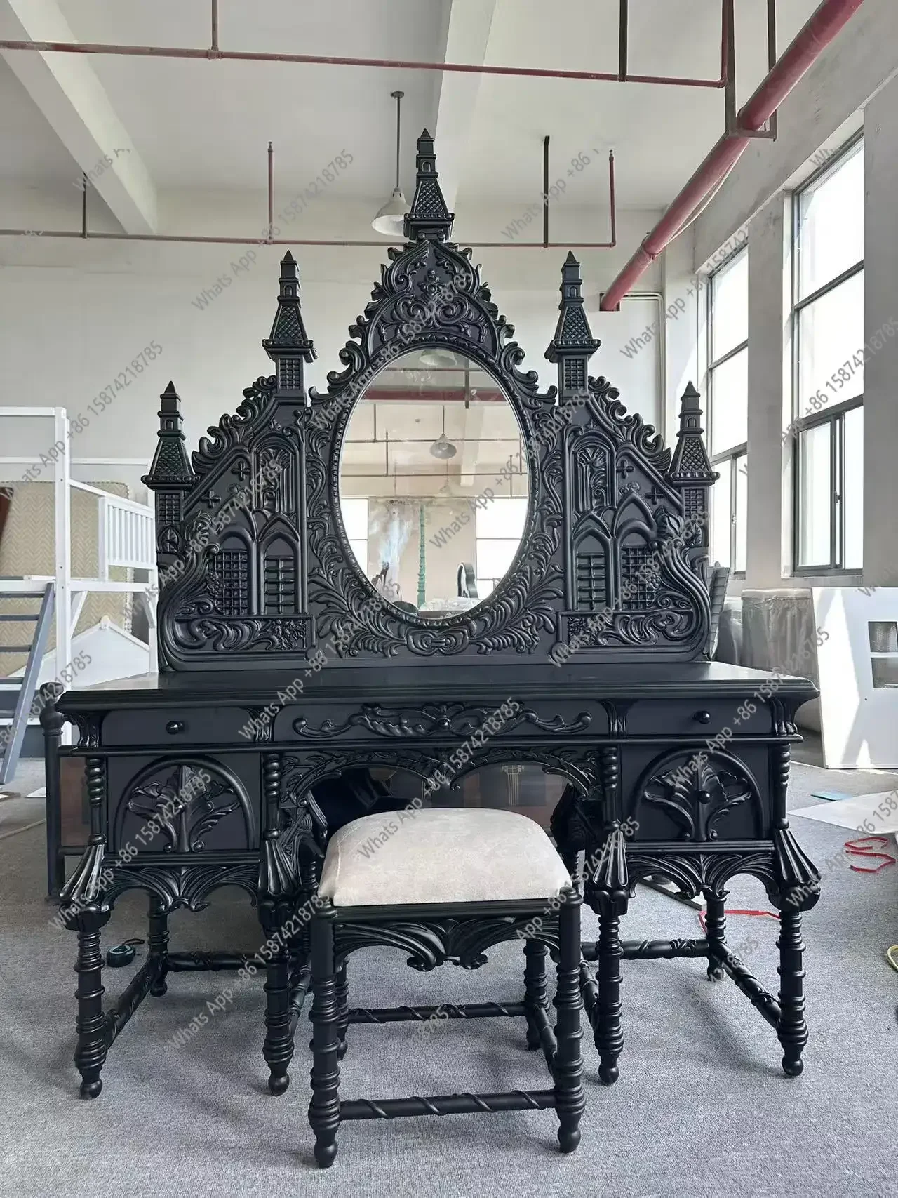 Court black makeup table retro solid wood dresser French castle handmade set designer style