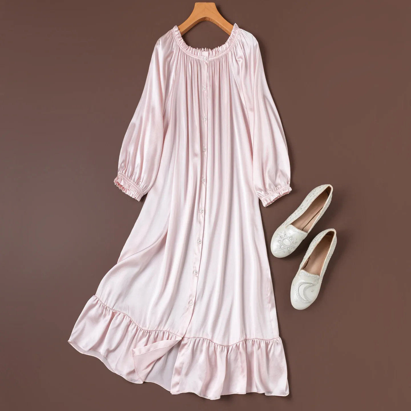 Women Silk Nightgown 19 Momme 95% Mulberry Silk 5% Spandex Solid Color Loose Type Buttons Down Sleep Dress Sleepwear M1524