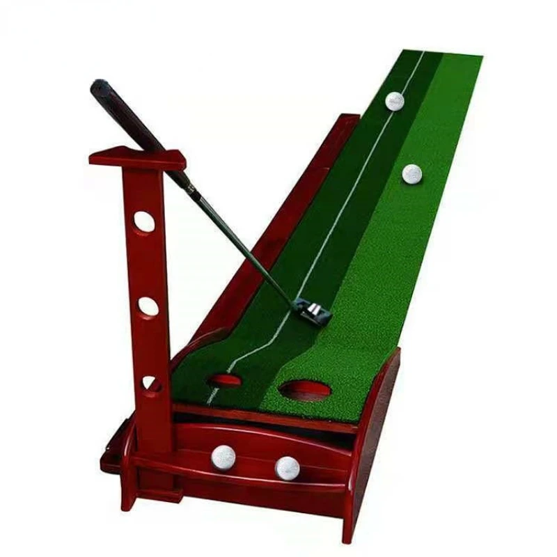 Wood Golf Putting Trainer Mat with Golf Ball Auto Return Track