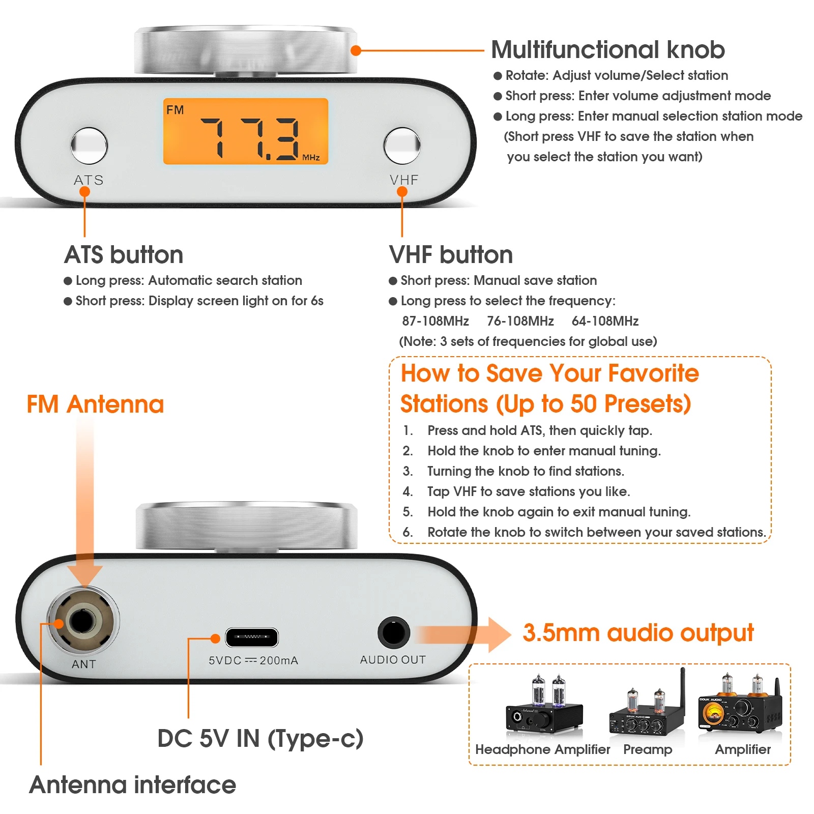 Nobsound Mini 64-108MHz موالف راديو FM يدوي وجهاز استقبال البحث التلقائي للمنزل/السيارة مع شاشة عرض