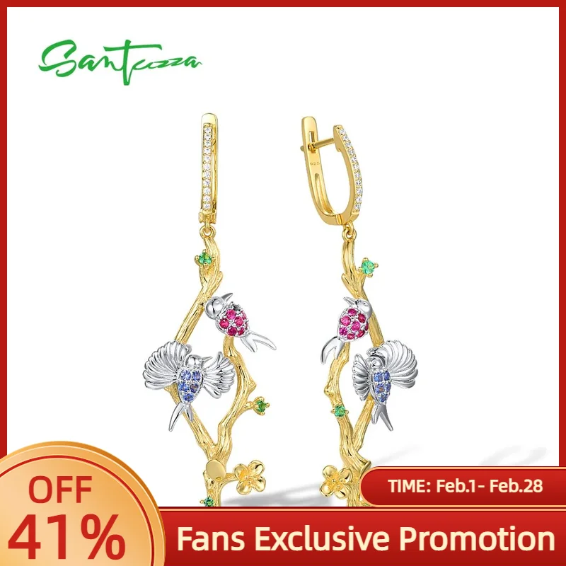 

SANTUZZA серьги из стерлингового серебра 925 пробы для женщин, сверкающие красочные камни, висячие серьги с птицами, модные вечерние ювелирные украшения