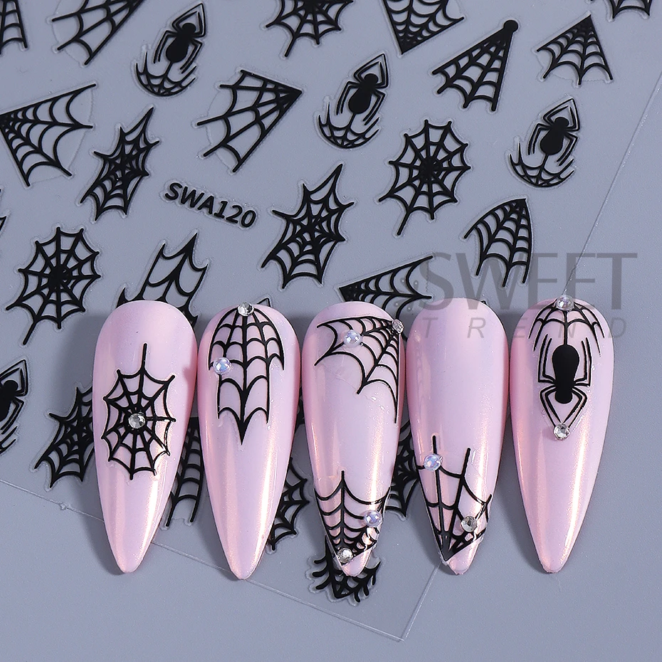 5 Stück Halloween Spinnennetz Nail Art Aufkleber holographisch Schwarz Gold Silber Spinne selbstklebende Nagelaufkleber DIY Maniküre Dekoration