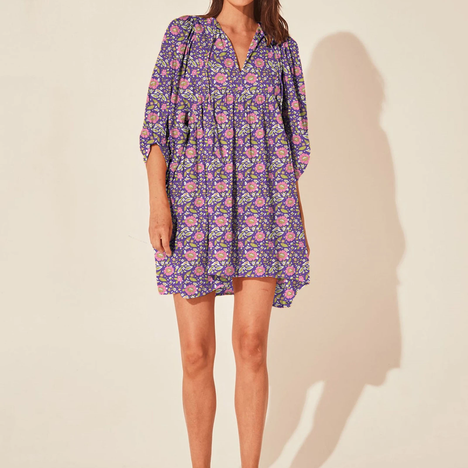 Vestido feminino de gravata com decote em v, mini vestido com estampa floral, mangas lanterna, vestido de praia, cordões