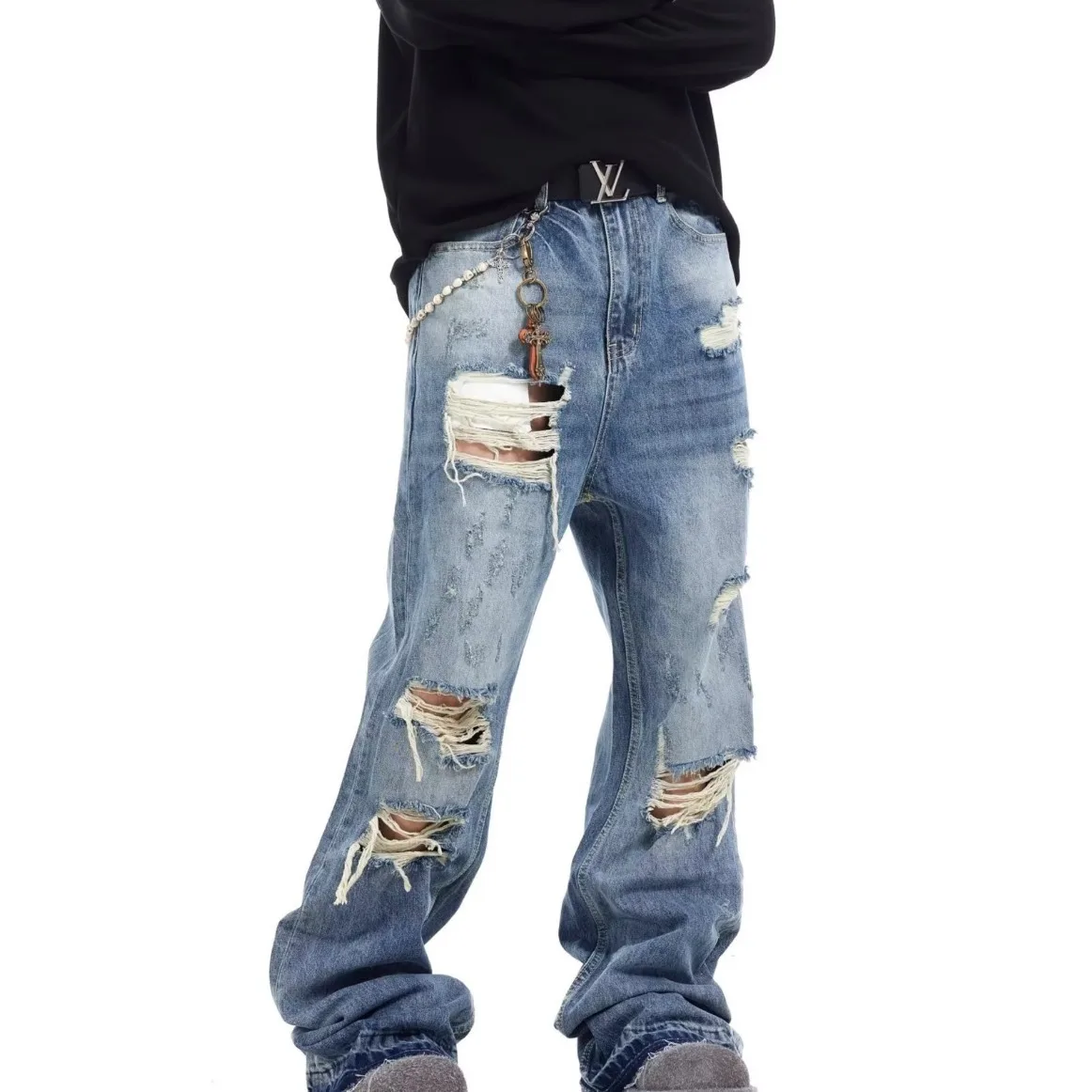 

American retro loose straight hole patched jeans for men and youth trendy beggar pants summer casual pants