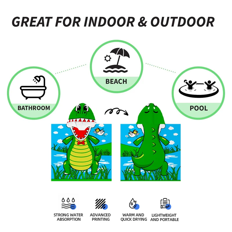 1 Children's Beach Towel, Cartoon Beach Cape with Hat, Soft and Absorbent, Suitable for Family, Shower, Swimming and Beach