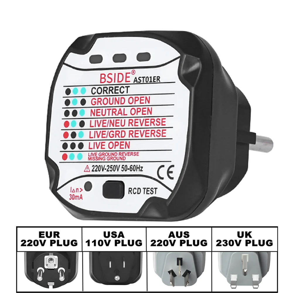 BSIDE AST01 Electric Socket Tester EU US UK AU Plug RCD GFCI Test Outlet Ground Zero Line Plug Polarity Phase Wall Check