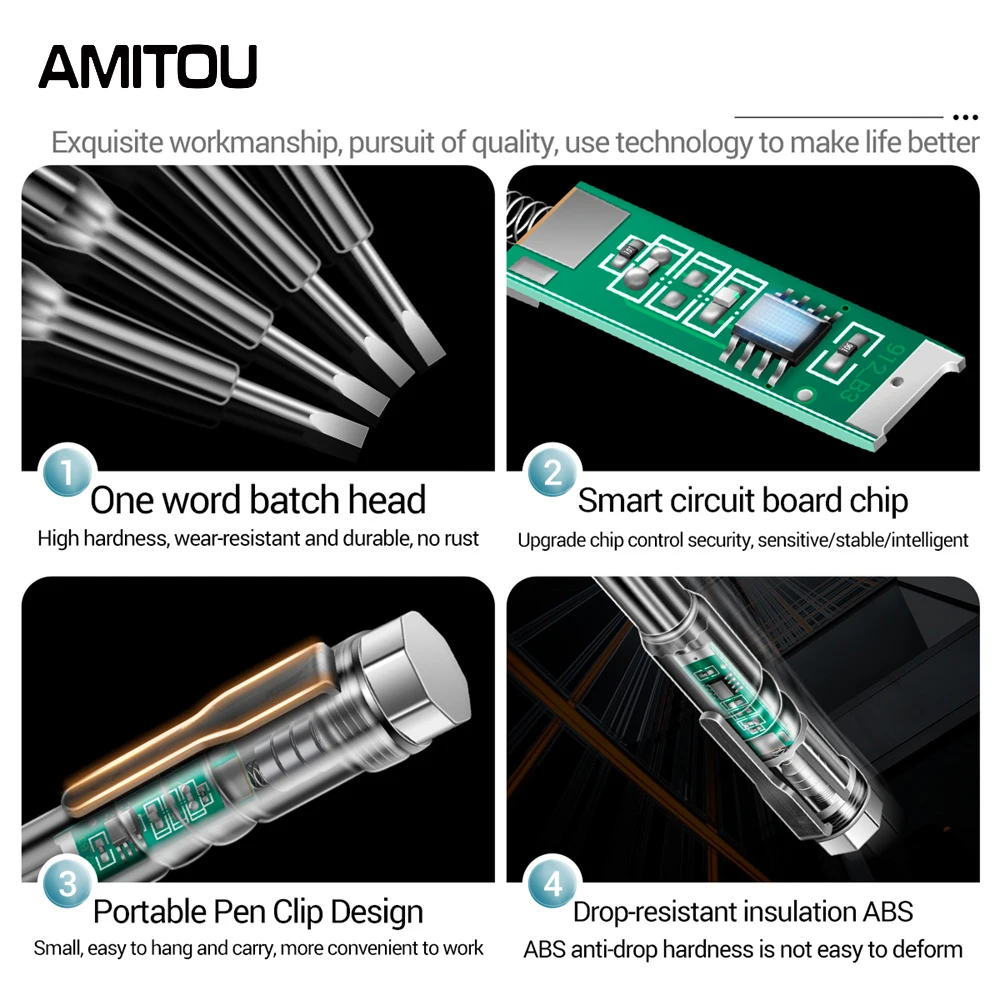 AMITOU B14 Screwdriver Test Pen Non-contact Voltage Meters with Screwdriver Probe 24-250V Tester Volmeter with Light Sound Alarm