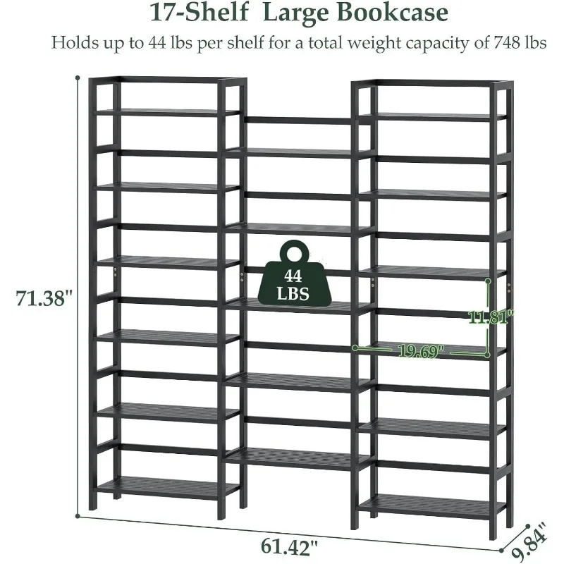 Bamboo Triple Wide Shallow Bookshelves and Bookcases, 6-Tier 6ft Tall Bookshelf with 17 Open Display Shelves, Super Large