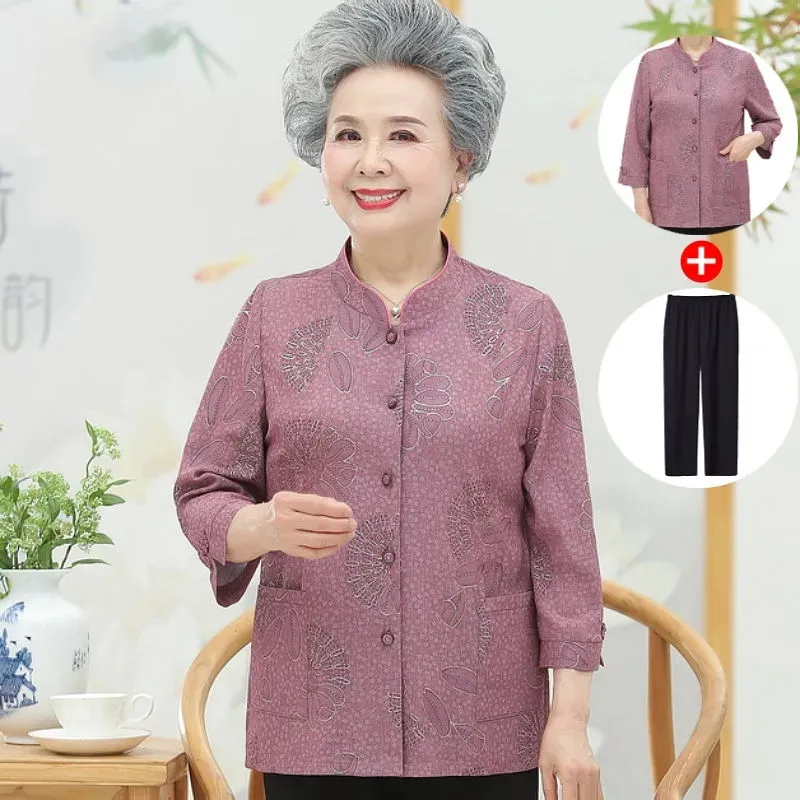 XL-5XL Elderly Women Blouse Spring Autumn Three Quarter Sleeves Print Shirts Casual Female Cardigan Tops Grandmother Blusa W178