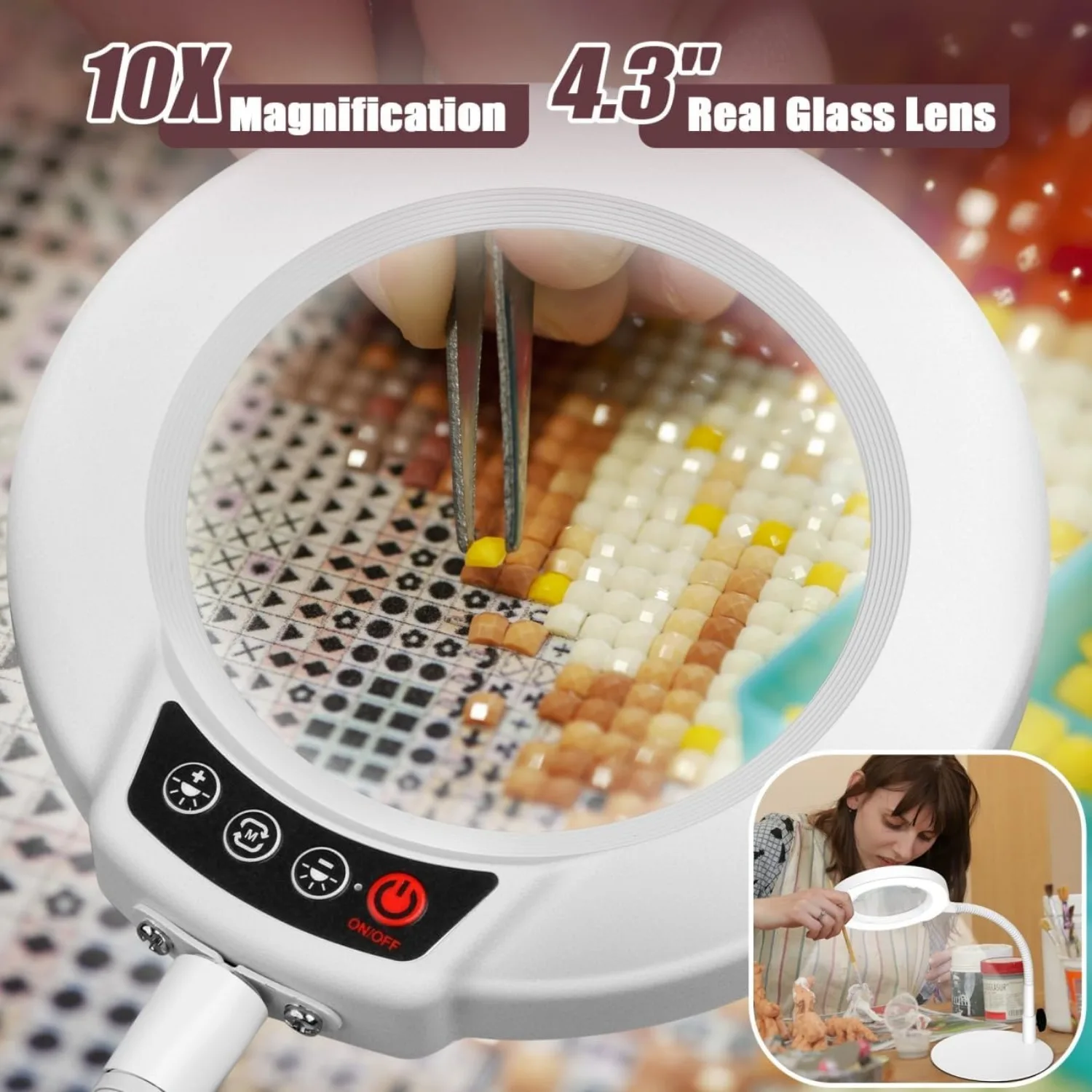 공예 취미 그림 닫기 작업을 위한 조명이 있는 핸즈프리 유연한 구즈넥 돋보기 - 흰색