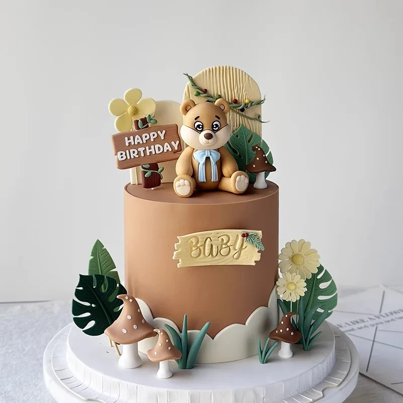 Forest Jungle Cake Decoration Blue Western-Style Bear Cake Topper Animal Mushroom Leaves Grass Happy 1st Birthday Party Supplies