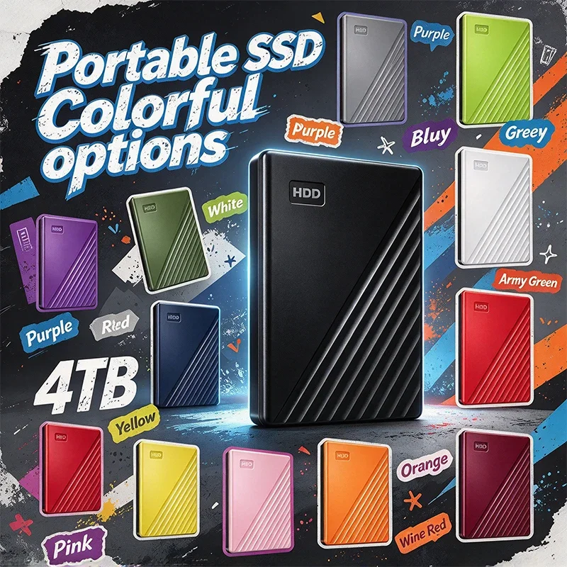 SSD portátil de 4 TB, unidade de estado sólido externa de alta velocidade com conector USB, design com faixa diagonal, disponível em várias cores, para portátil, computador de secretária e telemóvel.