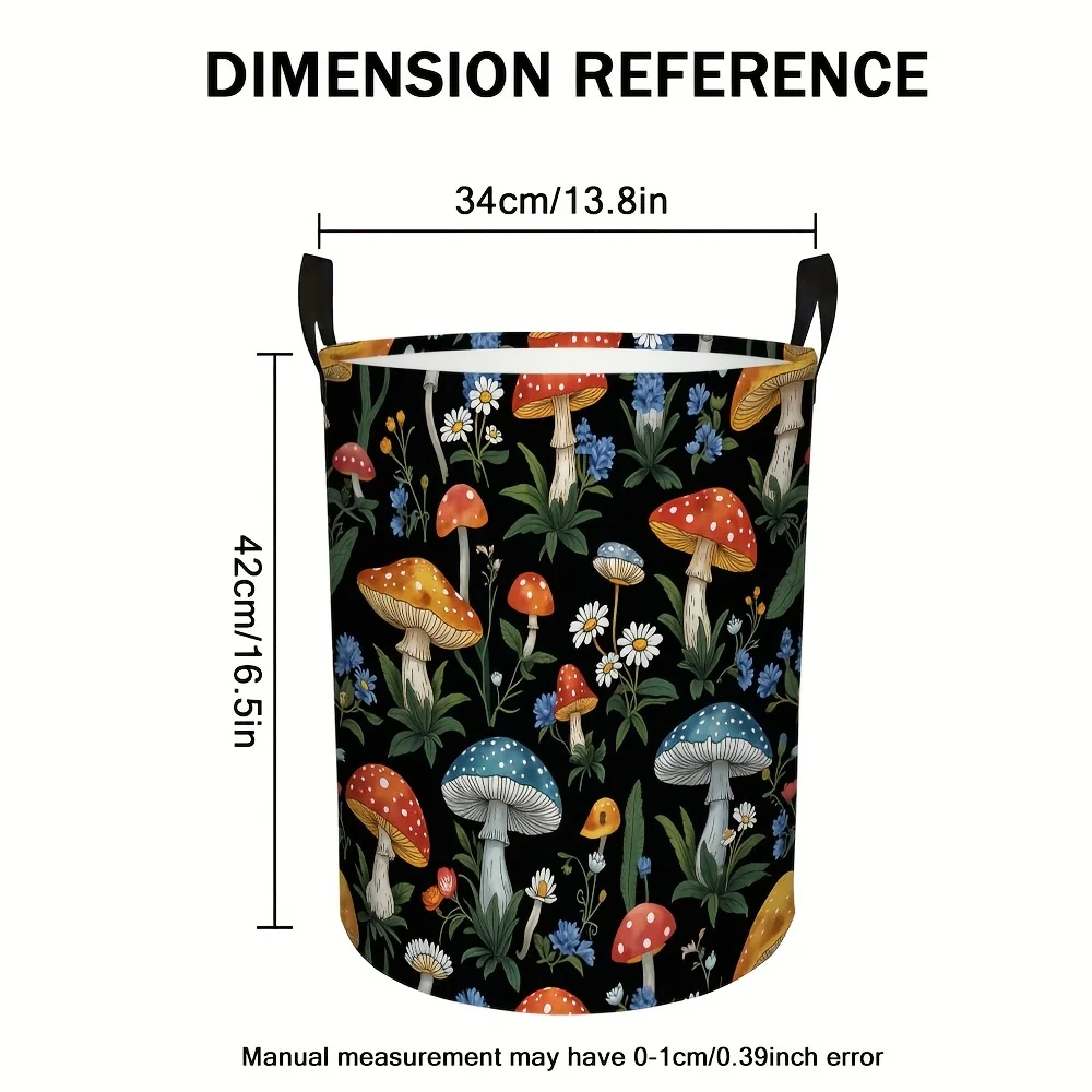 1 قطعة سلة غسيل قابلة للطي على شكل فطر ميدلي مع مقبض سلة تخزين متينة خفيفة الوزن، تصميم طباعة زهور الفطر النابضة بالحياة