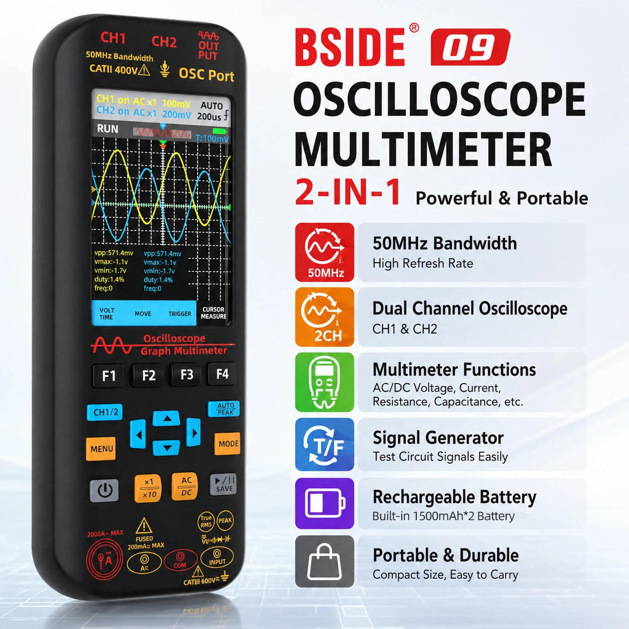 Black Handheld Dual-Channel Oscilloscope 50MHz*2 Digital Multimeter 20000 Words + Function Signal Generator +2000A Current