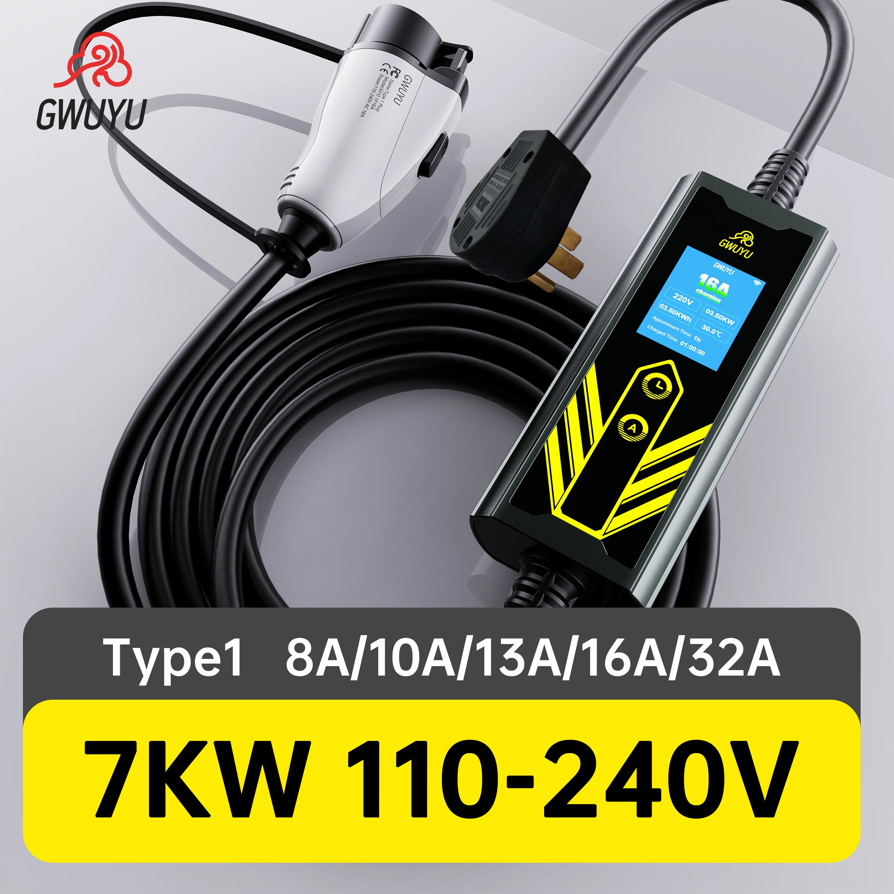 EV Charger แบบพกพา 32A 7.6KW 40A 9.6KW 110-240V ประเภท 1 ปลั๊ก 5 M ไฟฟ้ารถ Wallbox สถานีชาร์จ 2.8 นิ้วหน้าจอ