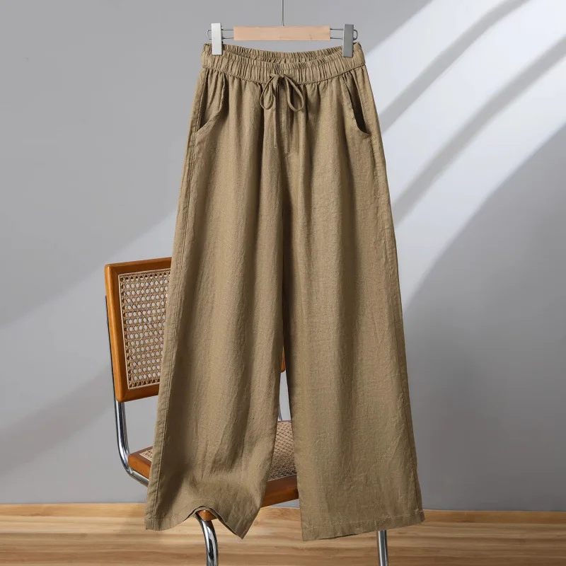 Trendy Thin Cotton Linen Nine-Point Wide-Leg For Women Summer Plus Size Loose High-Waisted Mom Pants Straight-Leg