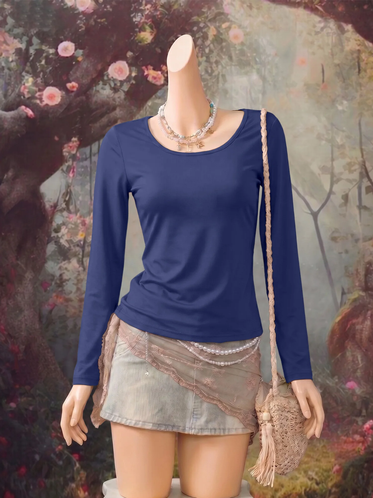 Women Elegant Low U Collar Long Sleeve Tops Soft Stretchy Fitted Basic Shirts Daily Commute Slimming Bodycon Blouse