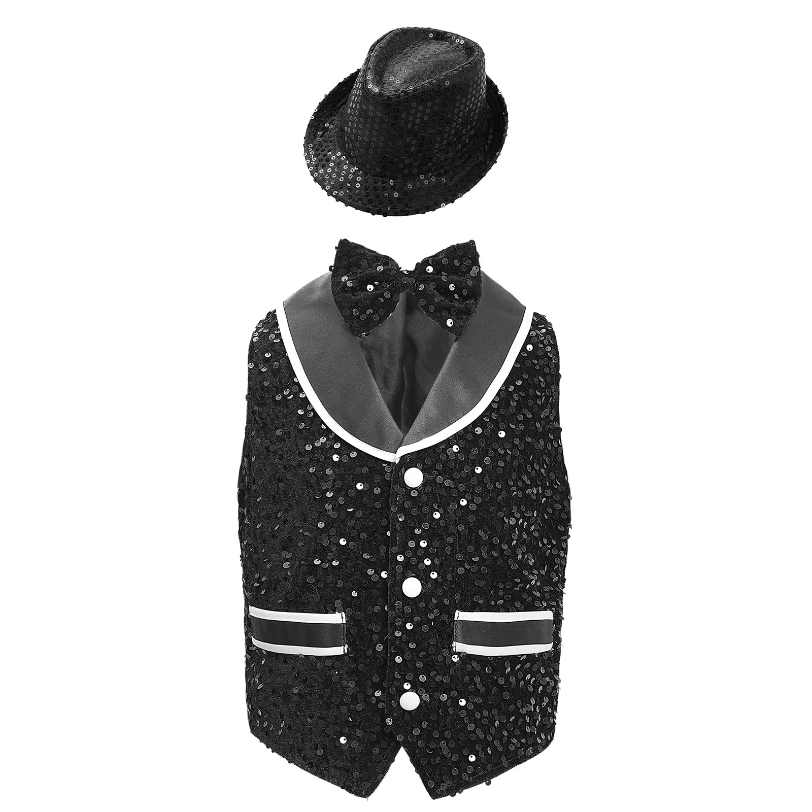 

Kids Boys Girls Jazz Dance Costume Outifit Gentleman Blazer Sparkling Sequins Velvet Vest Buttons Waistcoat with Bowtie and Hat