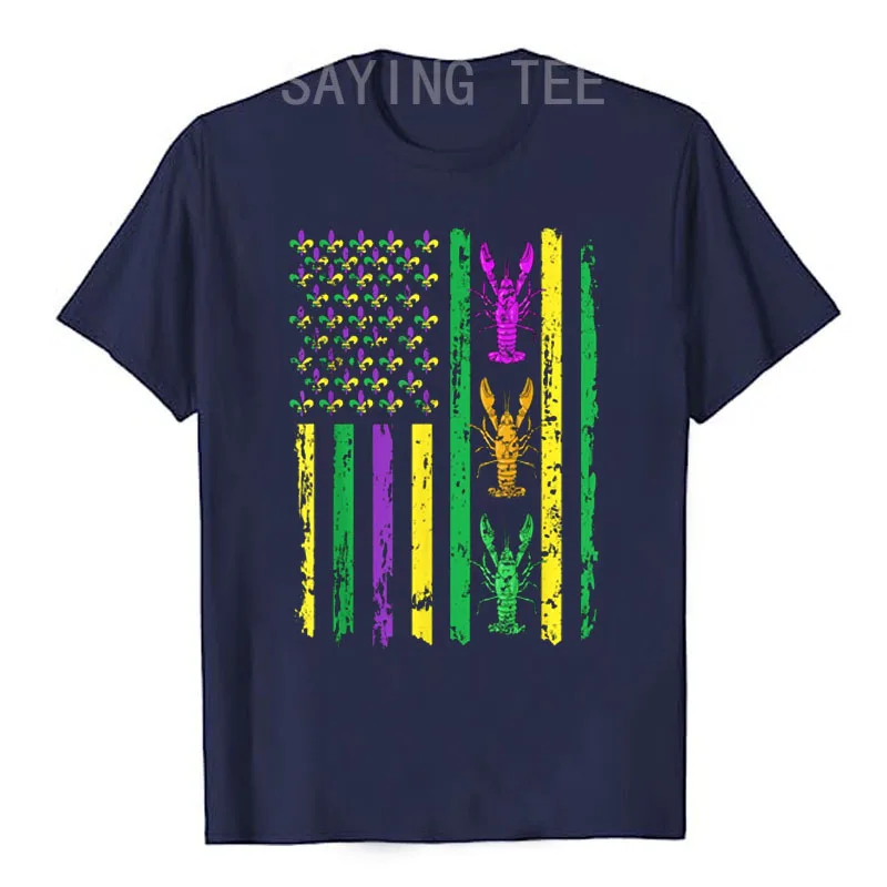 Carnival Mardi Gras USA American Flag Crawfish Parade Outfit T-Shirt Mardi Gras Costume Funny Party Graphic Tee Top Novelty Gift