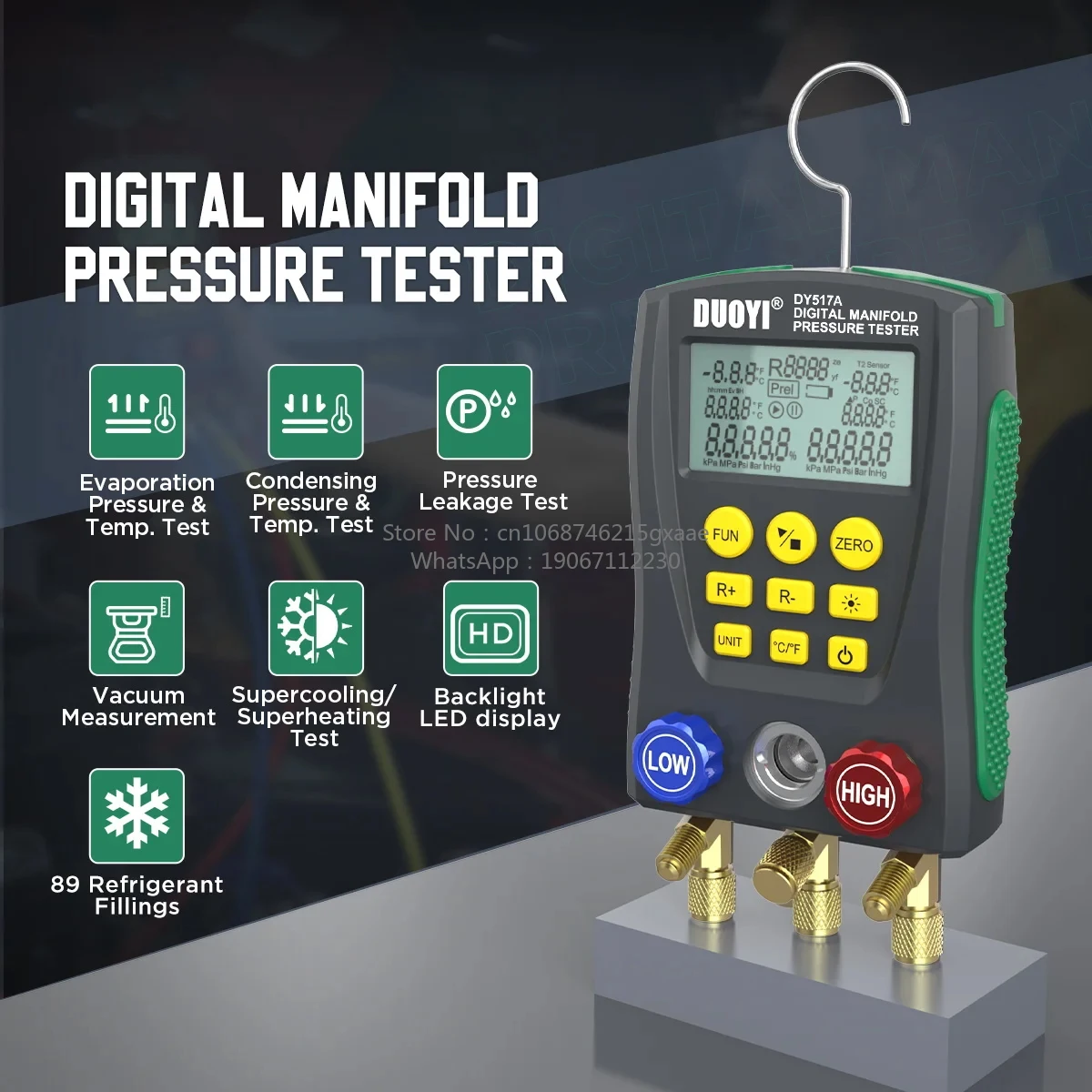 Digital Manifold Gauge Set for HVAC AC Pressure Testing with 93 NIST Refrigerants Vacuum Measurement and Backlit Display for