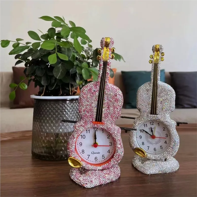 Glass Rhinestone Violin Clock Handmade HK Bling-bling Shiny Statue Handmade Cross Stitch Mosaic Christmas Kids Birthday Gift