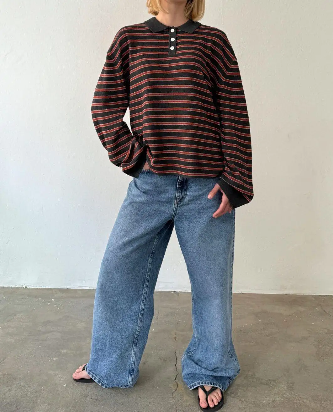 

New Fashion Women Striped Collared Sweater Loose Long Sleeve Pullover Knit Tops Casual Winter Fall Clothes S-XL