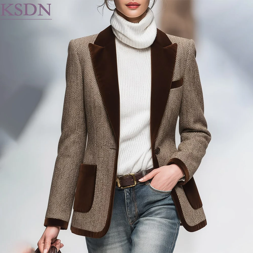 Womens Blazer - Casual Daily Women Herringbone Blazer Formal