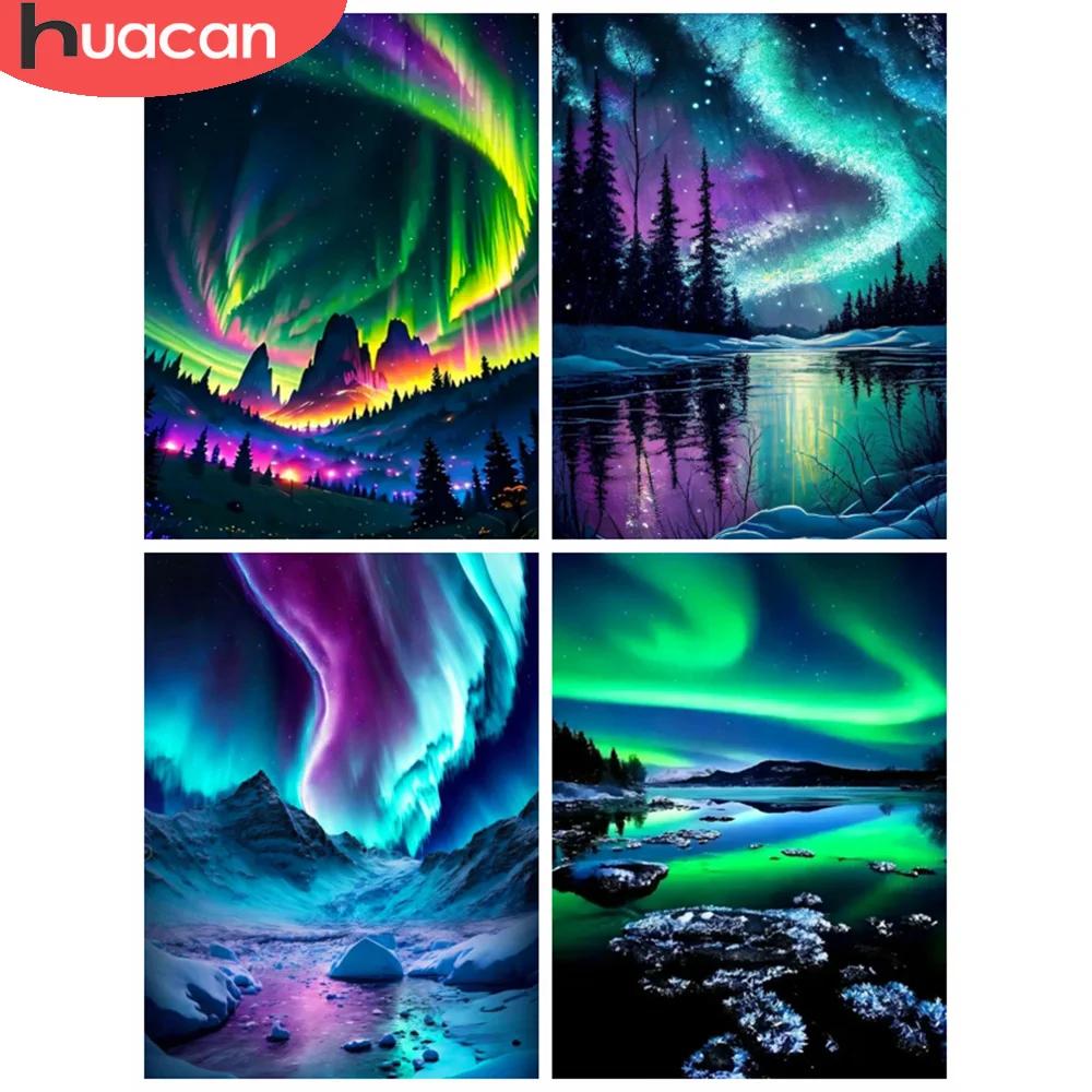 HUACAN Diamant-Mosaik-Landschafts-Diamantgemälde, Aurora Borealis, voller runder Bohrer, Stickerei, kreative Wanddekoration, 30 x 40 cm