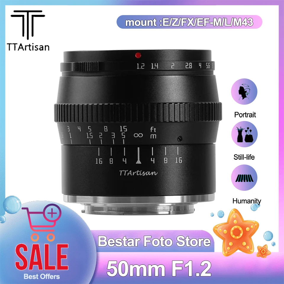 

Портретный объектив TTArtisan 50 мм F1.2 MF APS-C с большой апертурой, применимый для Fuji X-A5 X-T10 Sony A6600 A7S A7SM3 Canon M5 Nikon Z5