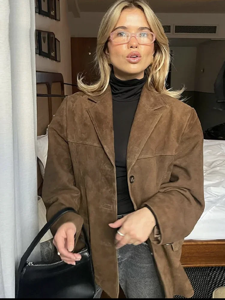 Manteau en cuir suédé pour femme, veste courte marron imbibée, vêtements à simple boutonnage, nouveau streetwear, automne et hiver