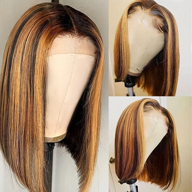 10Inch 427 Hoogtepunt Ombre Kleur Bob Korte Steil Menselijk Haar Remy Pruiken 13 × 4 Frontale Transparante Kant Voor Vrouwen 150% Dichtheid