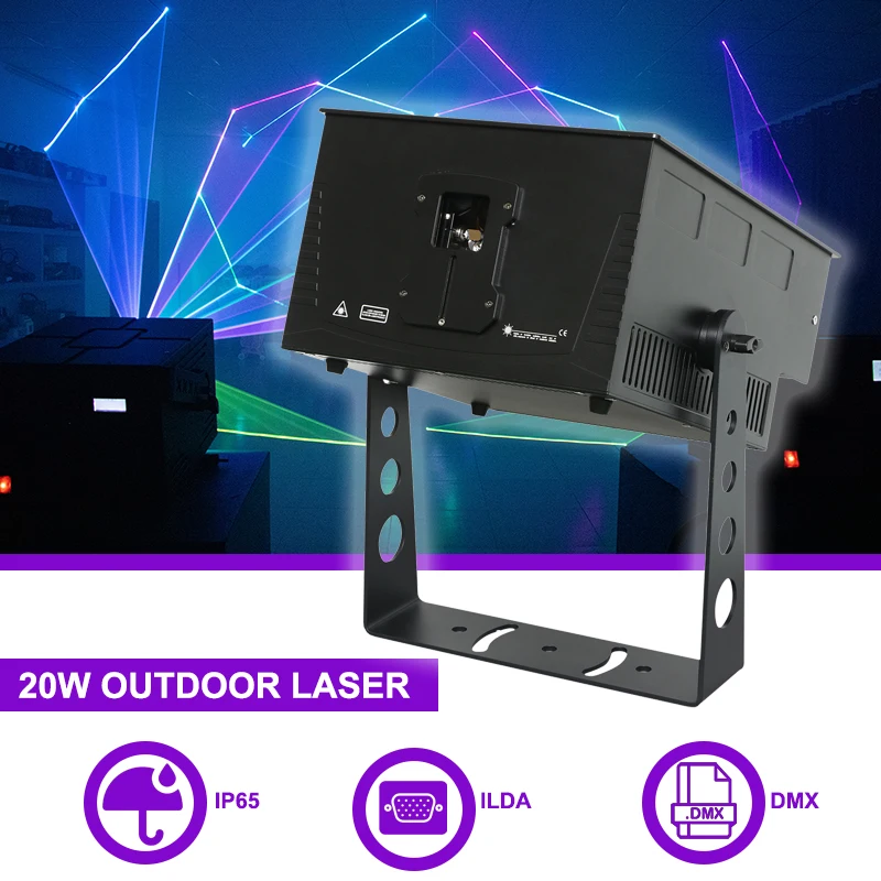 

Sunart 20W Outdoor Laser Projector With ILda DMX Ports 35Kpps RGB Full Color For Concerts Shows DJ Disco IP65 Waterproof Fixture