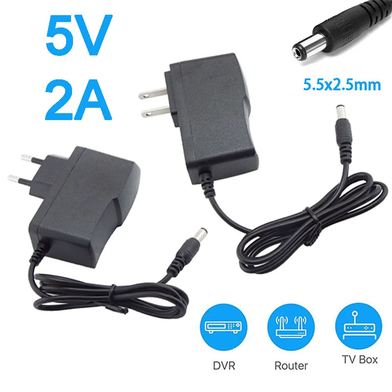 

5V 2A 100V-240V AC DC Power Supply Adapter Converter For LED Strip Light CCTV Charger Switch US/EU Plug