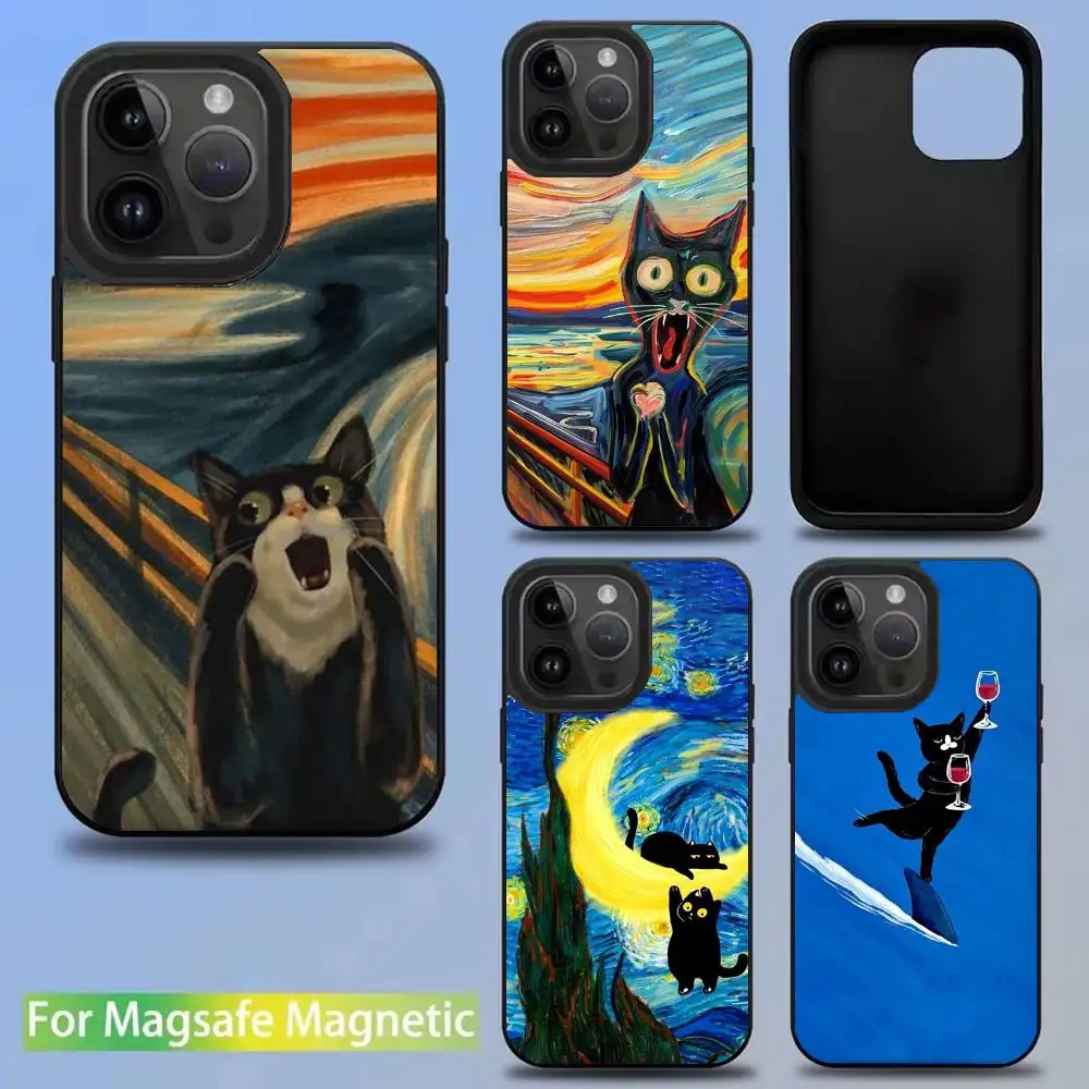

Abstract Art Black Cat Phone Case For iPhone 16,15,14,13,12,11,Pro,Max,Plus,Mini,SE New Magsafe Magnetic Wireless Charging