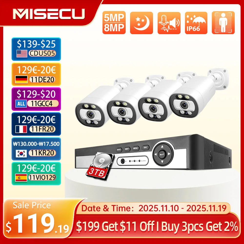 

Система видеонаблюдения MISECU, H.265 8 каналов 4K 5 Мп POE камеры, уличная система безопасности с обнаружением человека 8 Мп, охранное видеонаблюдение с цветным ночным видением P2P