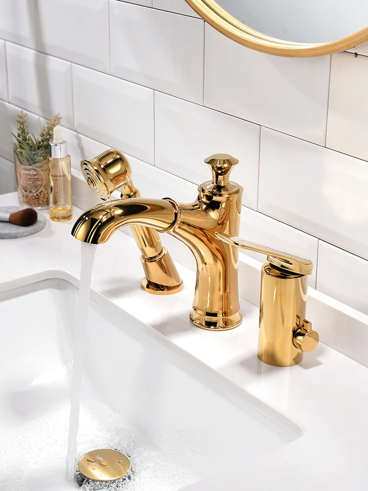 

Luxury Brass Gold 3 Holes Bathroom sink faucet Pull out Golden copper Basin mixer Tap Cold hot water Modern Top Quality Faucet