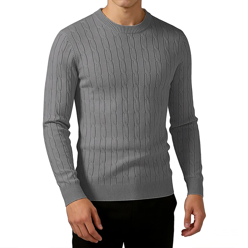 Men's Solid Color Round Neck Knitted Sweater Warm Casual Pullover with Fried Dough Twists for Spring Autumn