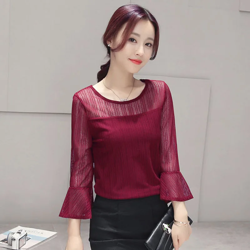 Elegant O-Neck Gauze Hollow Out Lace Flare Sleeve Blouse Women\'s Clothing 2023 Summer New Oversized Casual Pullovers Sweet Shirt