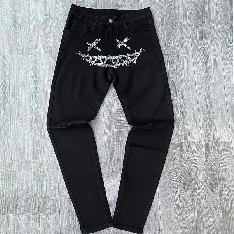 Y2k Skinny Slim Fit Hot Drill Punk streetwear Biker Trousers Men's Denim Pencil Pants Size28-40 Man Black Ripped Stretchy Jeans