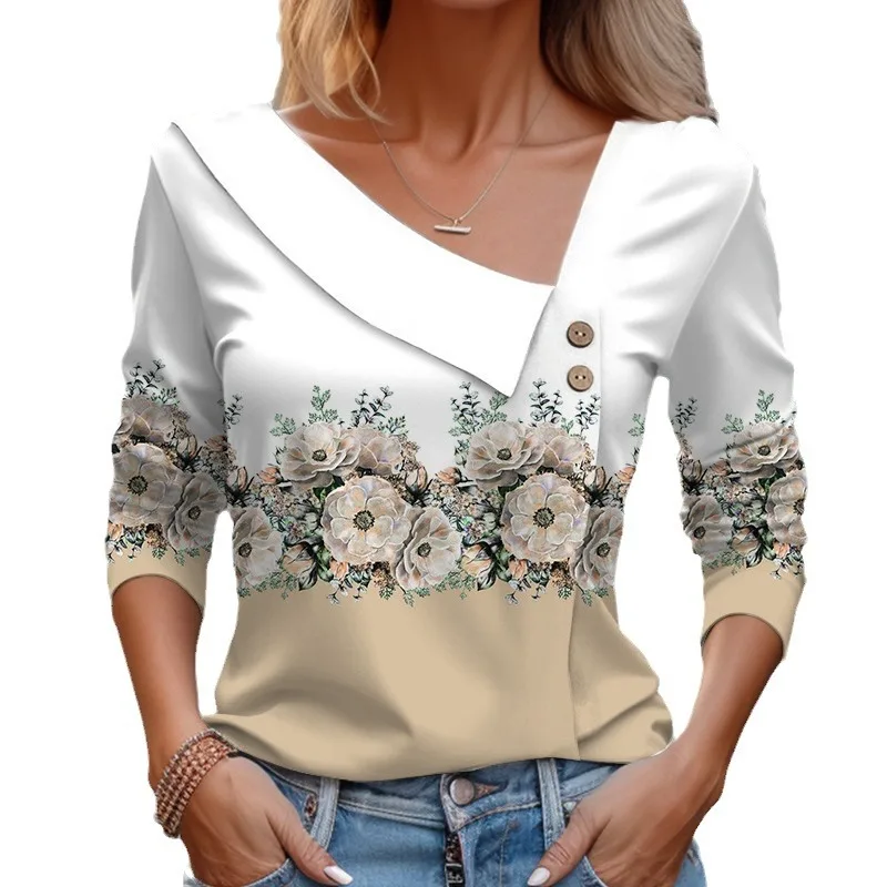 Floral Print Graphic T Shirt For Women Korean style Skew Collar Long Sleeve T-shirt Female 2023 Spring Autumn Office Top Tees