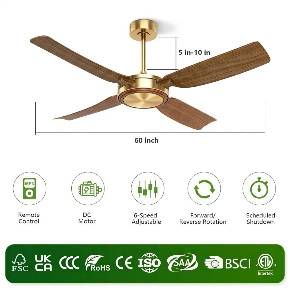 New Arrival 52-Inch 4 Blades Modern Ceiling Fans Remote Control App-Controlled BLDC Energy Saving 10-Year Warranty Household
