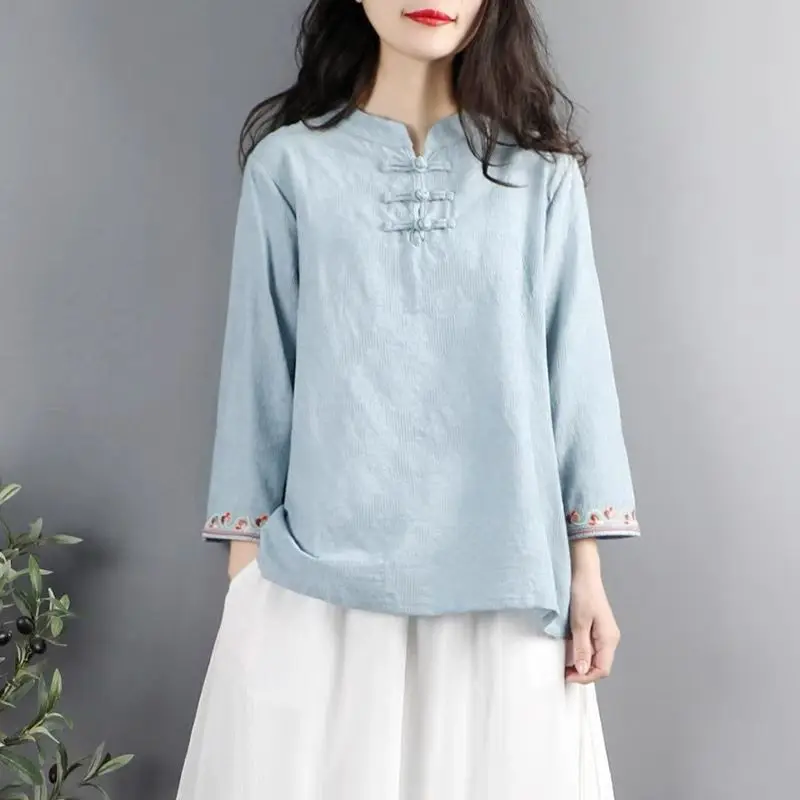 Chinese Style Retro Stand Collar Button Cotton Linen Women\'s Spring Autumn Folk Embroidery Long Sleeve Pullover Loose Shirt Tops