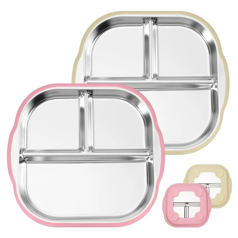 

Тарелка из нержавеющей стали с присоской и силиконовыми рукавами. Нескользящие разделенные тарелки для малышей. Анти-потерянные миски для малышей 2-в-1.