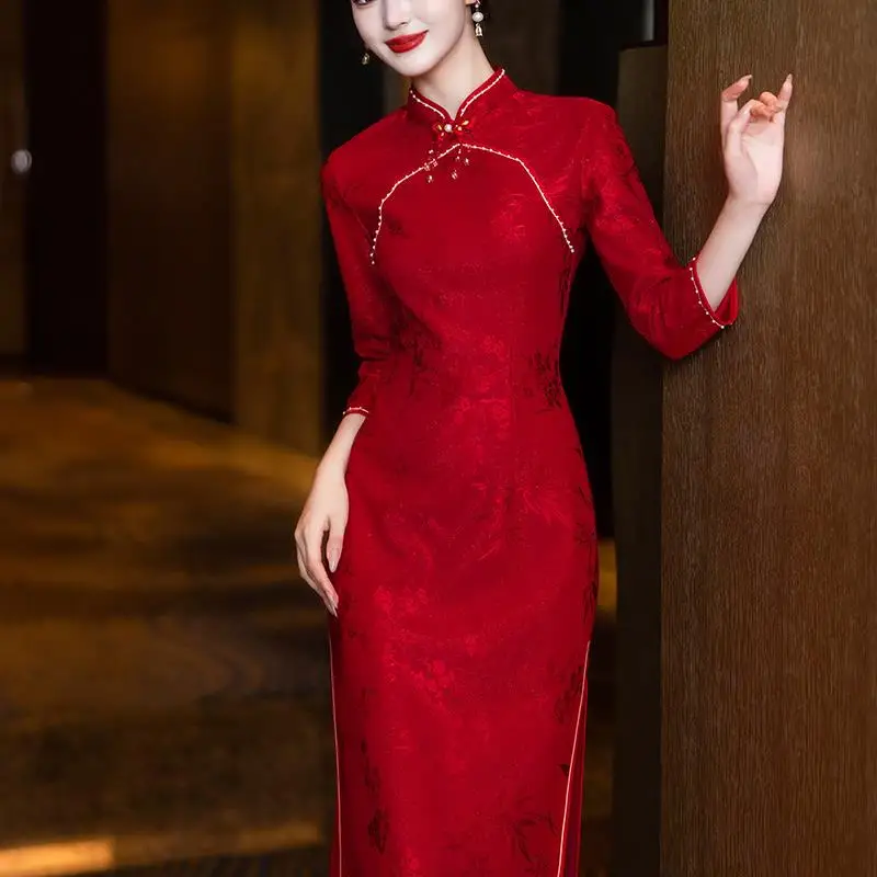 

Ele Chinese Sle Wedding Dr 2024 New Wine Offering Ceremony Dr Long Sve Evening Gown for Bride