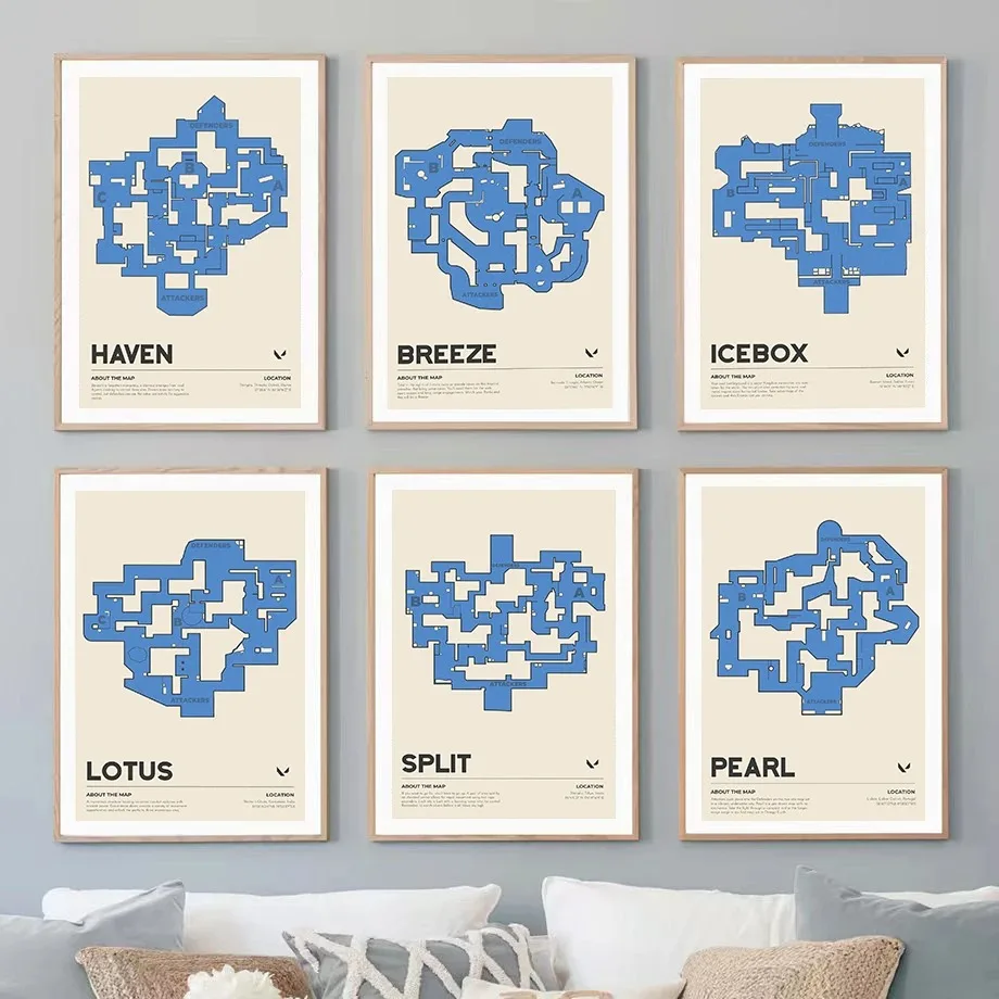 Póster de mapa de Valorant para decoración del hogar, juego de estética para arte de pared, lienzo Retro impreso, decoración de sala de juegos, Gamer, 2023